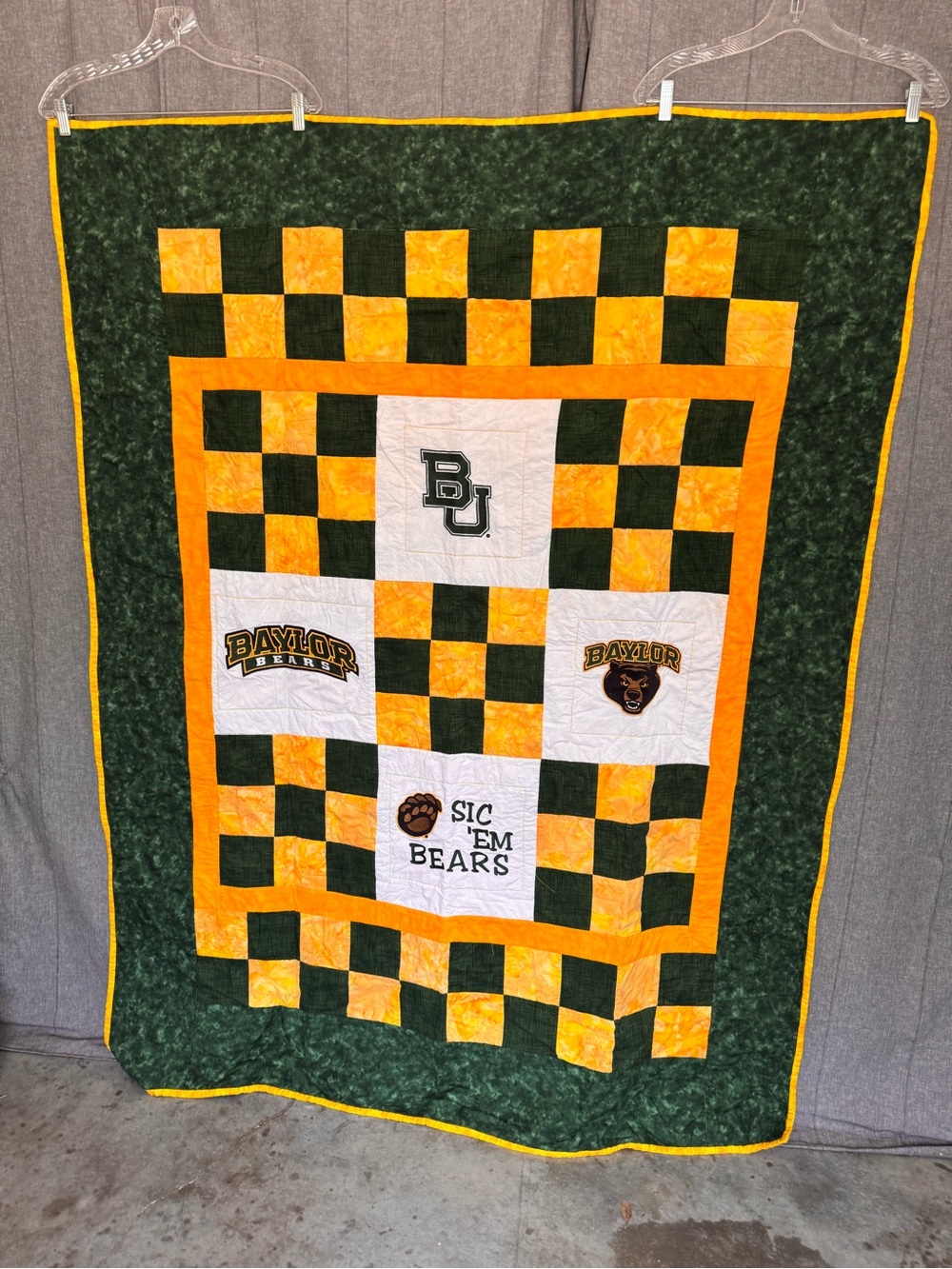 Baylor Bears College Bespoke Quilt Blanket Throw Green & Gold 64”x49” Handmade